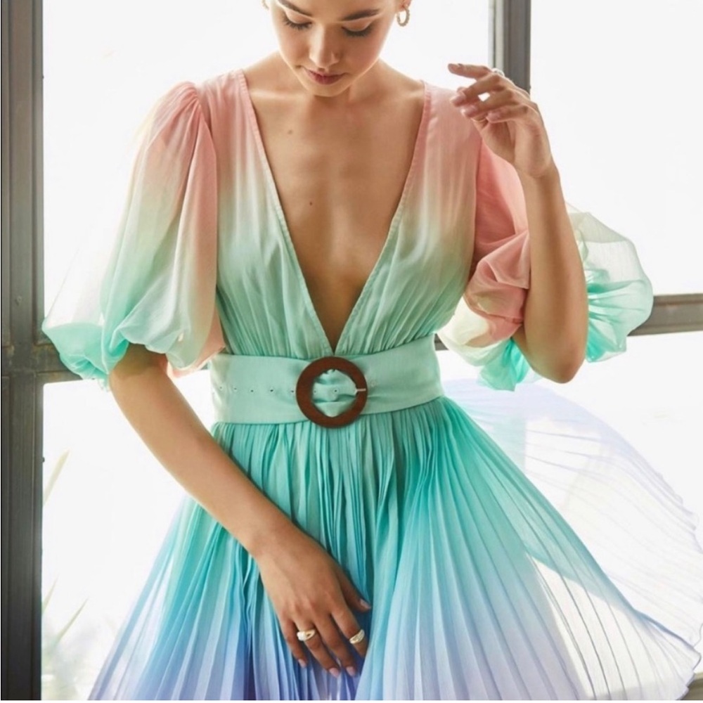 Rococo Sand Emi Rainbow Ombre Pleated Mini Dress with Belt NWOT